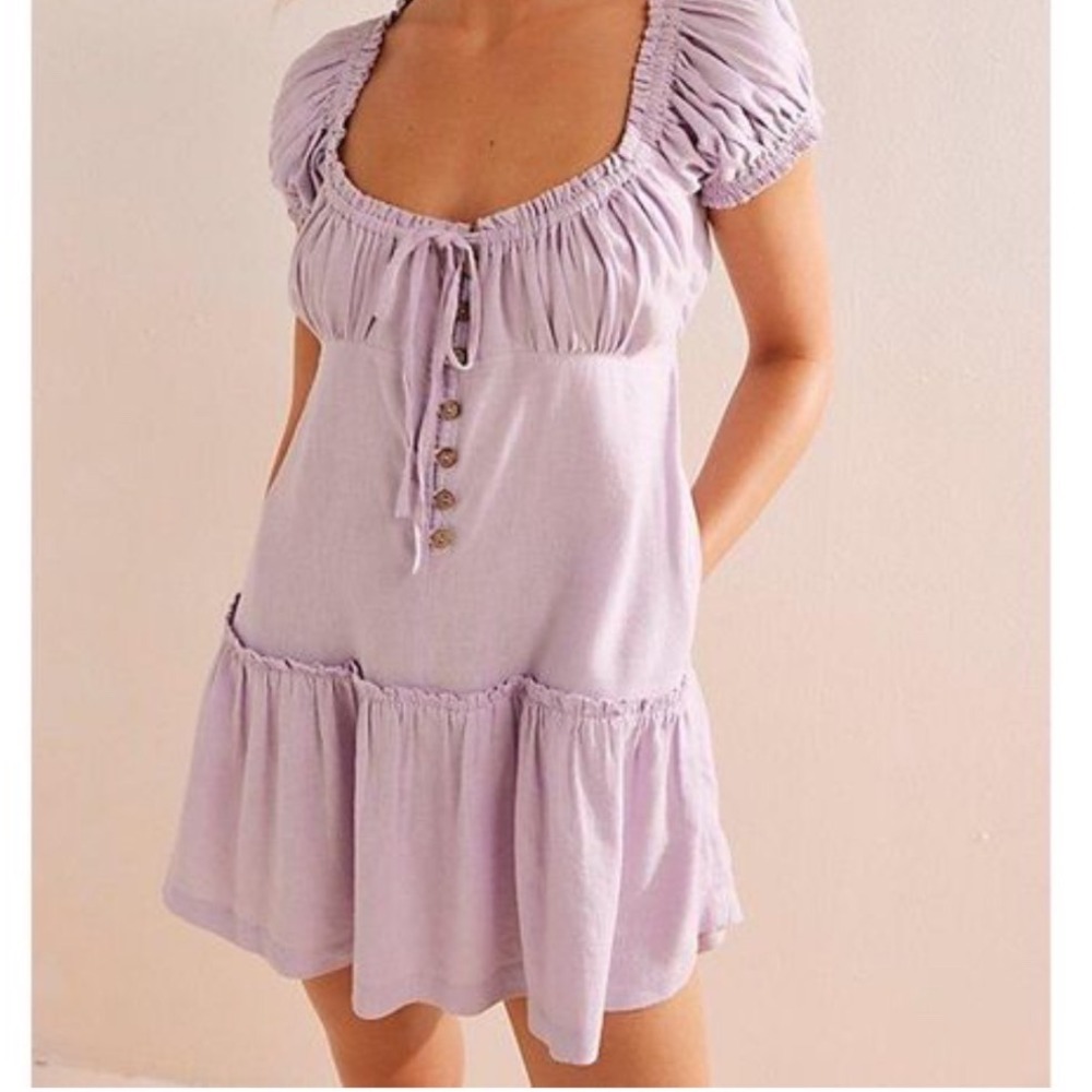 Free People Lavender Linen Blend Tiered Boho Mini Dress Short Sleeve Purple S